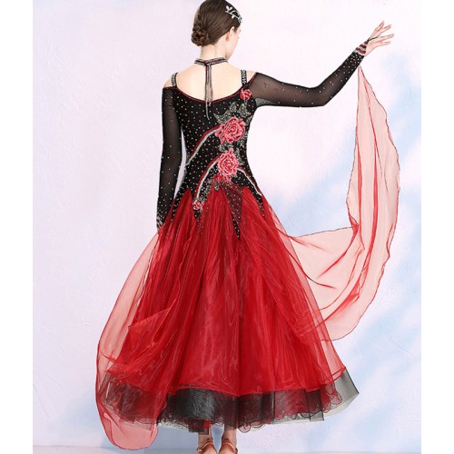 Wine with black diamond competition ballroom dance dresses for women female embroidered flowers professional waltz tango foxtort dance dresses
